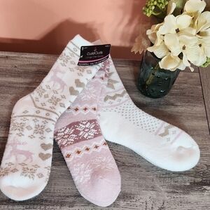 Cuddl Duds Womens White, Blush Pink, and Tan Heavy Duty Lounge Crew Socks